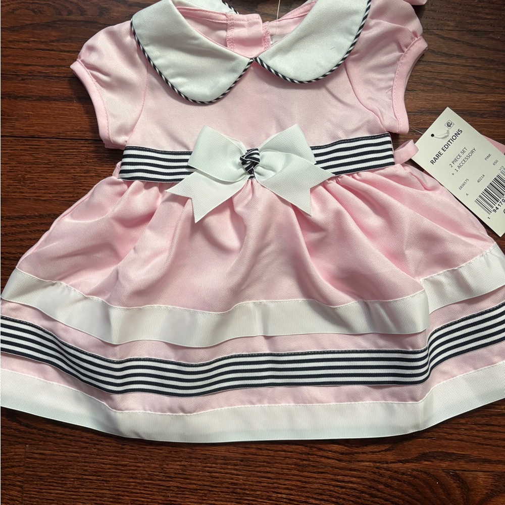Rare Editions Pink Baby Dress with Bow and Stripes